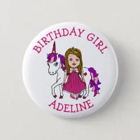 Birthday Girl Personalize Button Princess Unicorn