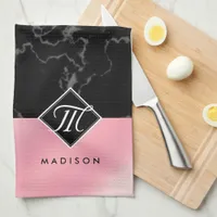 Elegant Black Marble & Pink Foil Monogram Kitchen Towel