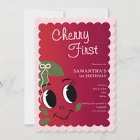 Sweet Cherry First Girl Cute Cartoon 1st Birthday Invitation