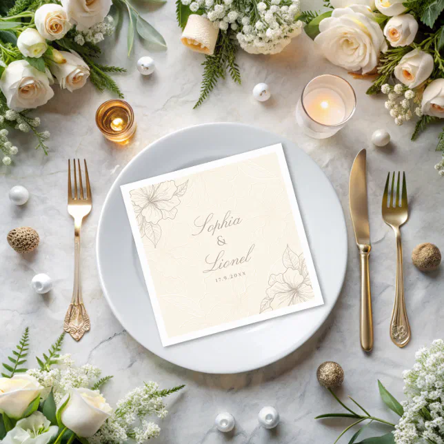 Minimal Elegant Outline Floral Off White Wedding Napkins