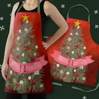 Custom Monogram Xmas Red Watercolor Christmas Tree Apron