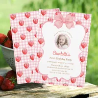 Strawberry First Birthday Photo Invitation