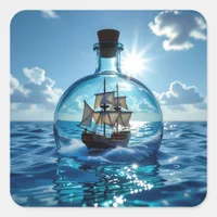 Ship in a Bottle Floating on the Ocean  Square Sticker