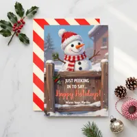 Rustic Peeking Snowman Happy Holidays Holiday Card