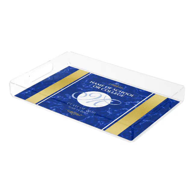 Elegant Graduation Monogram Blue Marble Gold Foil Acrylic Tray