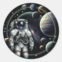 Vintage Astronaut and Planets Classic Round Sticker