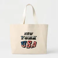 New York Picture and USA Flag Text Large Tote Bag