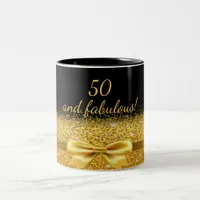 50 fabulous  black gold bow birthday Two-Tone coffee mug