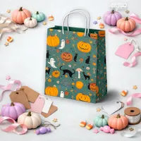 Spooky Teal Vintage Pumpkin Ghost Pattern Medium Gift Bag
