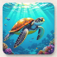 Sea Turtle Vibrant Ocean Illustration Beverage Coaster