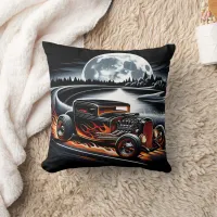 A hot rod races under a full moonlit sky at dusk throw pillow