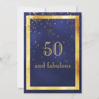 50 and fabulous birthday party gold frame blue invitation