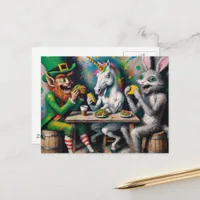A leprechaun, a unicorn, and a rabbit eating tacos postcard