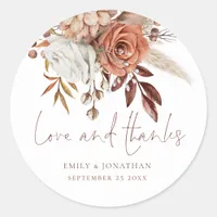 Terracotta Florals Brown Text Love Thanks Wedding Classic Round Sticker