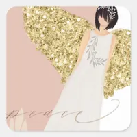 Modern Angel Gold Sparkly Wings Typography Peace Square Sticker