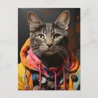 Cat in Colorful Hoodie and Jacket AI Art Postcard