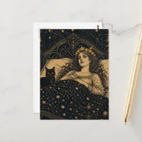 Beautiful Fantasy Queen and Her Black Cat in Bed Postcard