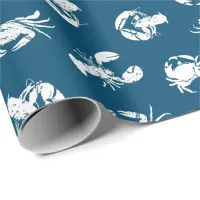 Lobster Crab Blue White Seafood Print Wrapping Paper