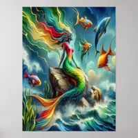 Colorful Mermaid Seated on Rocky Shore  12x16 Poster