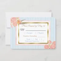 Blue PInk Gold Bird & Floral Wedding RSVP card