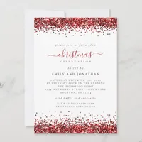 Glam Red Glitter Christmas Party White Invite