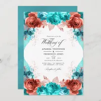 Turquoise and Coral Rustic Floral Wedding Photo In Invitation
