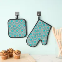 Southwest Turquoise Stones Geometric Pattern Oven Mitt & Pot Holder Set