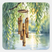 Weeping Willow, Windchimes and Lake Square Sticker
