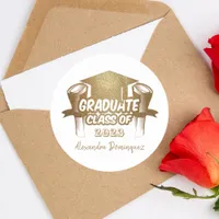 Stylish Gold Glitter & White Grad Party Favor Classic Round Sticker