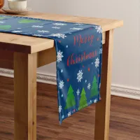 Christmas tree forest, snowflakes, red blue dots short table runner