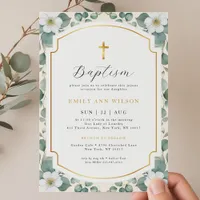 Floral Eucalyptus Gold Cross Baptism Invitation 