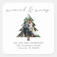 Tree Shape Photo Married Merry Return Address  Square Sticker