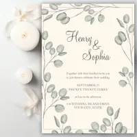 Elegant Watercolor Eucalyptus Green Leaves Wedding Invitation