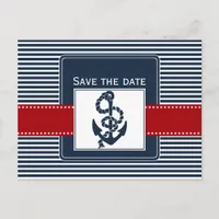 navy stripes, anchor, nautical save the date announcement postcard