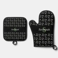 Monogrammed Music Themed Black White Musical Notes Oven Mitt & Pot Holder Set