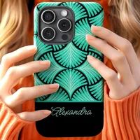 Black Teal Retro 1920s Gatsby Palms Script Name iPhone 15 Case