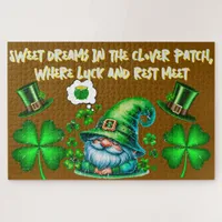 Cute St Patrick's Gnome Sleeping on brown | Jigsaw Puzzle