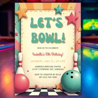 Fun Colorful Retro 50s Bowling Birthday Party Invitation