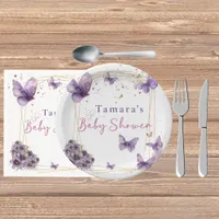 Floral Butterfly Purple Gold Baby Shower Party Paper Plates