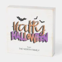 Happy Halloween Typography w/Bats Orange ID685 Wooden Box Sign