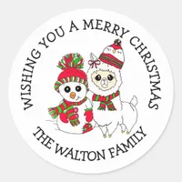 Christmas Greetings Winter Llama and Snowman Classic Round Sticker