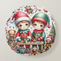 Adorable Christmas Elves in their Toy Shop Round Pillow