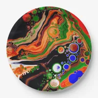 Orange, Blue, Green, Black Digital Fluid Art  Paper Plates