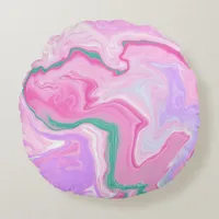 Pink, Purple, Mint Green Marble Art   Round Pillow