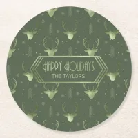 Deer Antlers Arrows Christmas Pattern Green ID861 Round Paper Coaster