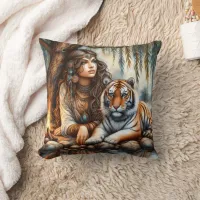 Native American Woman Relaxing With Tiger By Water Throw Pillow