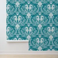 Coastal Seahorses Damask Teal Blue Wallpaper