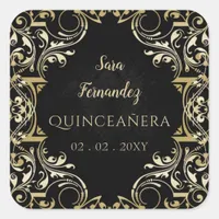 Rustic Black Gold Elegant Quinceanera Square Sticker