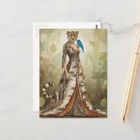 Surreal Cheetah Lady in Birch Bark Dress Fashion  Postcard