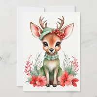 Christmas Deer with Green Hat Flat Holiday Card